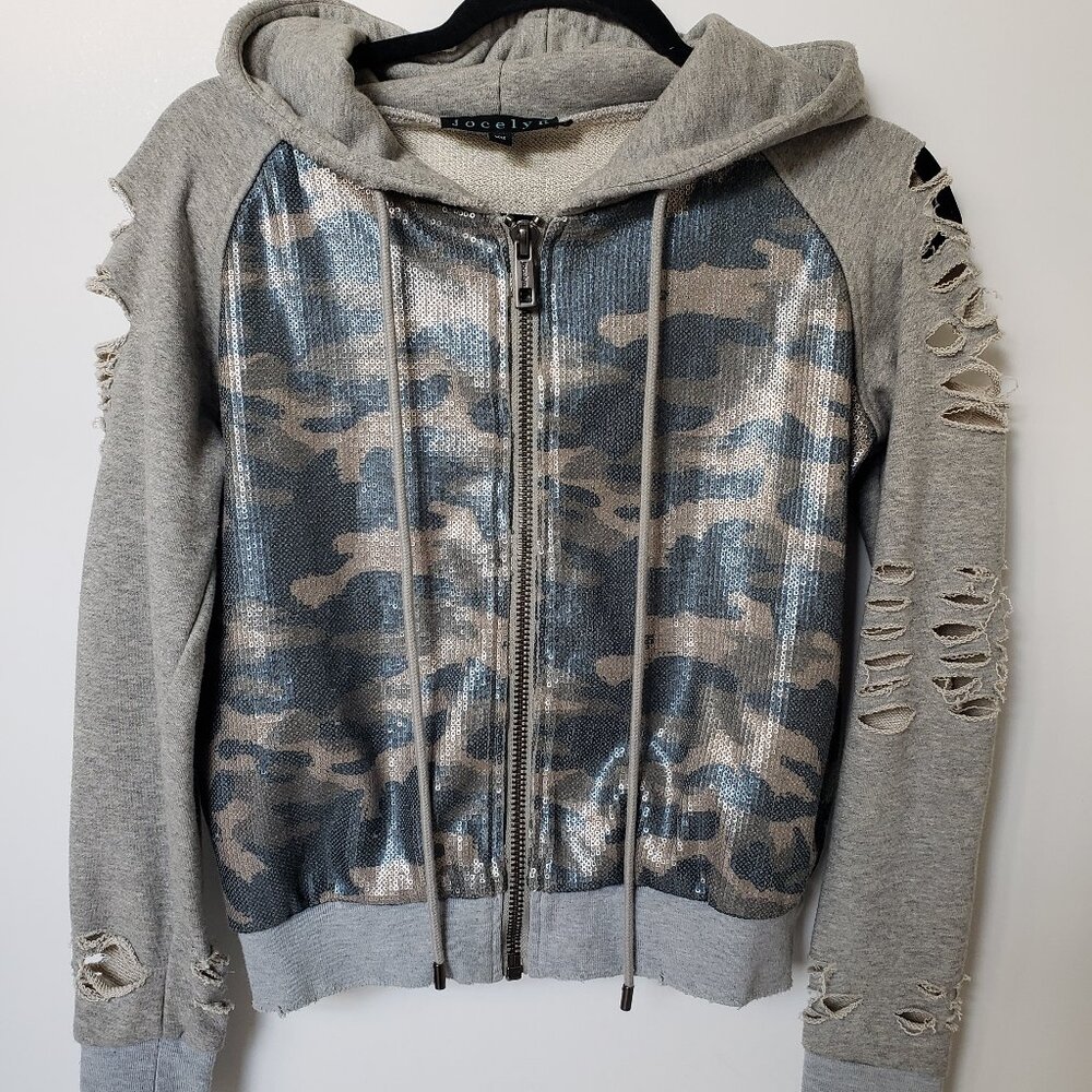 Jocelyn Sequin Camo Distressed Sleeve Full Zip Grey Hooded Jacket